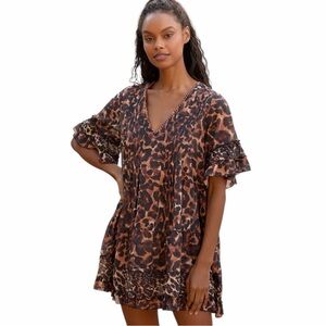 Anthropologie Duet Frill Mini Dress in Animal Print Size Medium V-Neck